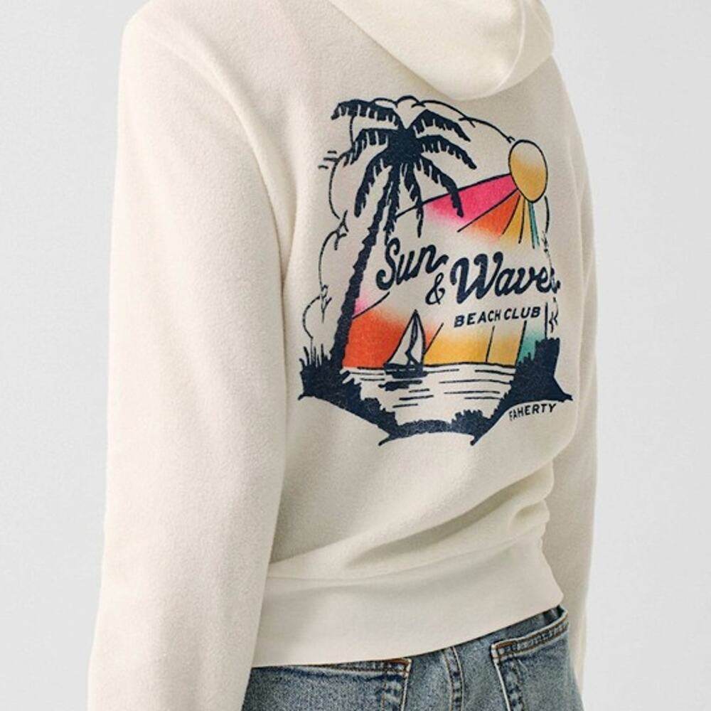 Faherty White Reverse Beach Fleece Sun Waves Beach Club Zip Hoodie Size XXS
